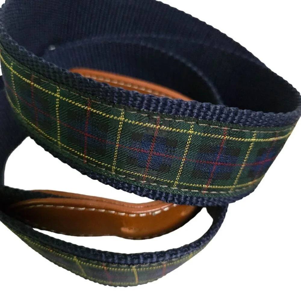 L.L. Bean Green Plaid Brown Leather Men's Belt Navy Trim Brass Buckle Size 45